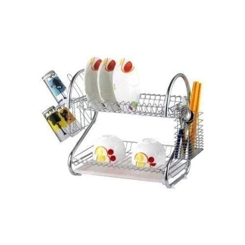 2 Tier Steel Plate Dish Drying Draining Rack Storage Organizer, Silver.