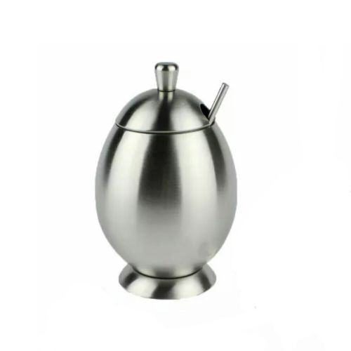 Egg Shaped Metallic Sugar Bowl Seasoning Pot With Spoon,Silver