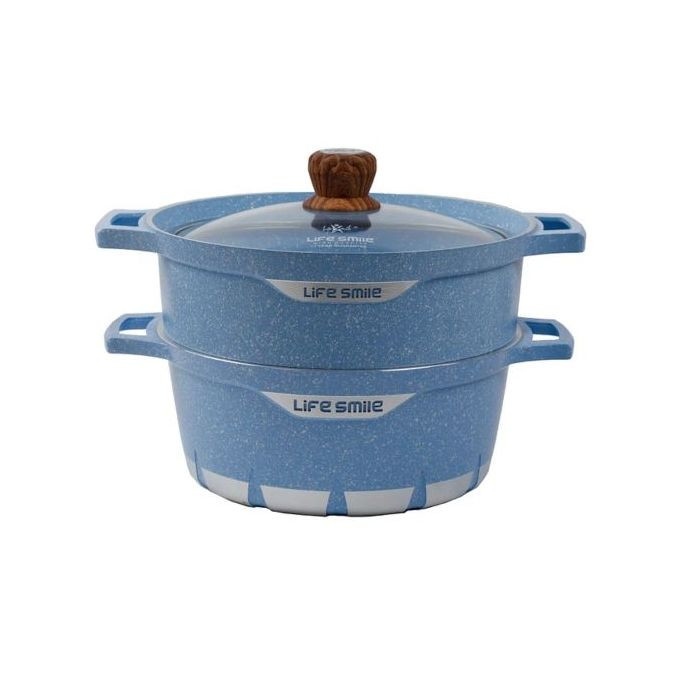 2 Pc Life Smile Granite Coated Soup Saucepan Pot And Steamer - Blue Life Smile