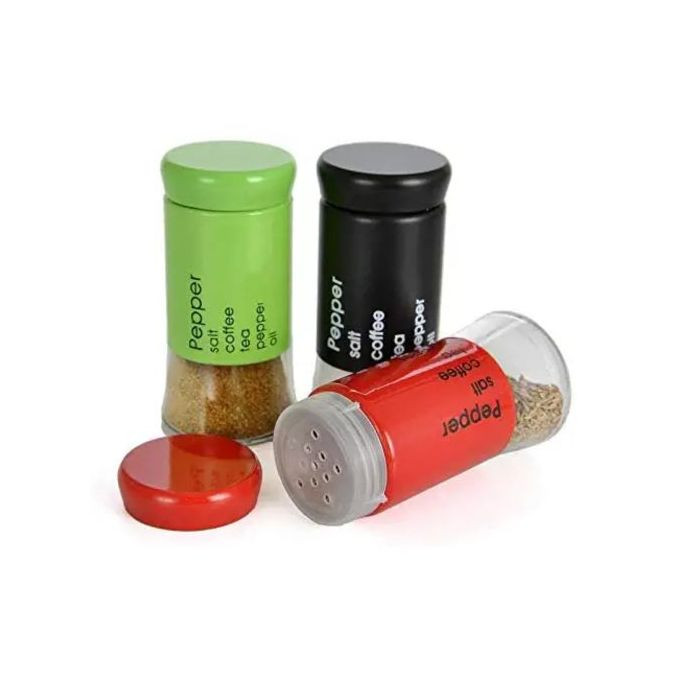 3 Pc Steel And Glass Pepper And Salt Shaker Set-Black,Red, Green.