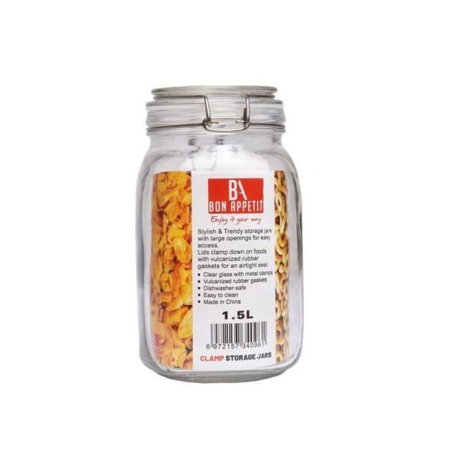 1Litre Glass Clip Jar, Cereal Food Cookie Storage Tin, Colourless