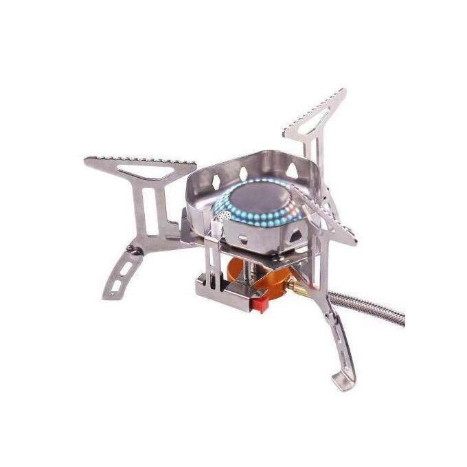 Outdoor Portable Windproof Camping Gas Stove with Adapter Converter, Silver.