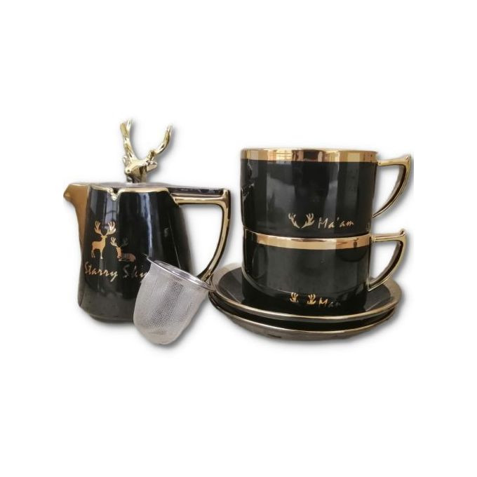 Breakfast Tea Pot & 2 Cup Saucers Gift Set, 2pcs -Multi-colours .