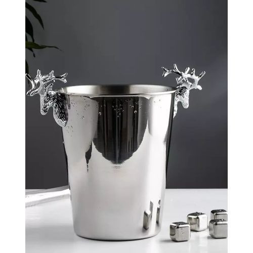 5L Champagne Wine Ice Bucket Stainless Steel With Deer Head Handles-Silver.