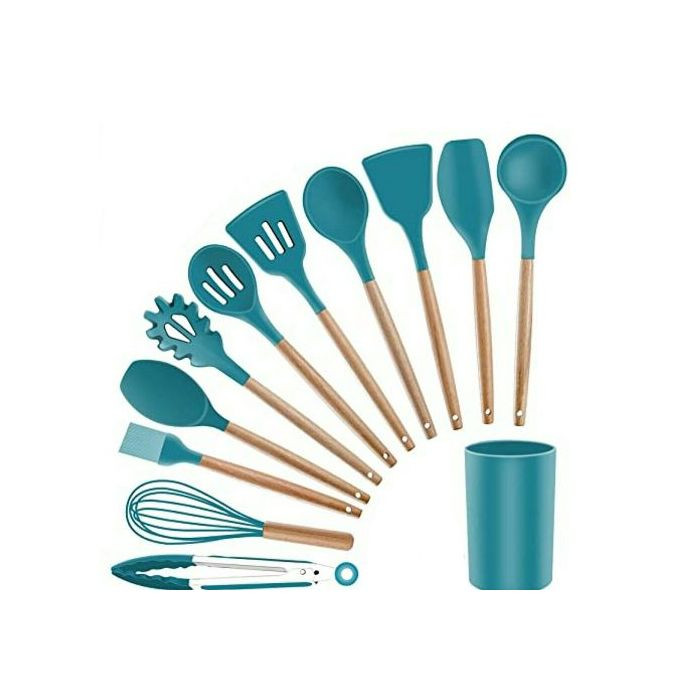 12 Piece Silicone Kitchen Tool Cooking Utensils Serving Spoons Set,Green.