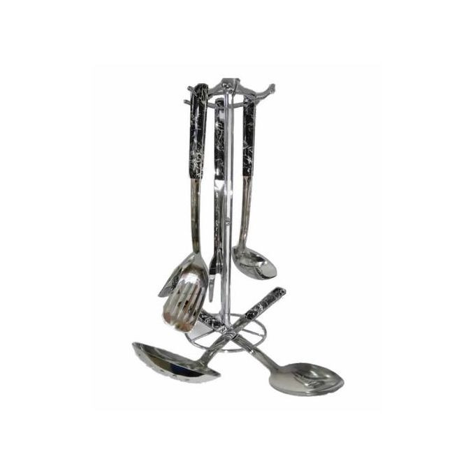 7 Piece Stainless Steel Animal Print Holder Kitchen Tool Cooking Utensils Serving Spoons Cutlery Laddle Set-Silver.