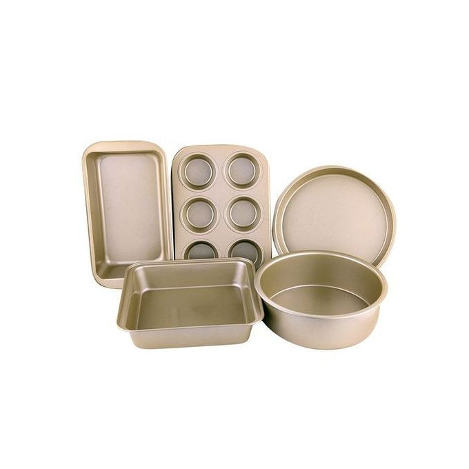 5-Piece Baking Set, Pizza Tray, Cake Mould, Toast Box,Square Plate,6-Cup Cake Mould,Gold.