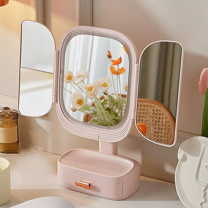 Foldable Vanity Mirror, 3 Color Lighting Makeup Mirror, Cosmetic Mirror With Data Cable, Double Sided Makeup Mirror, Touch Switch Control Mirror, Cosmetic Mirror For Desk Bathroom Bedroom- Multicolor