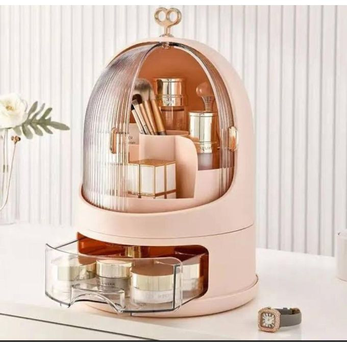 Makeup Organizer,360 Degree Rotating Cosmetics Display Case With Jewelry Drawers, Lid, Dust Waterproof Storage Box Desktop Beauty Display Stand for Lipsticks, Brushes, LotionsSuitable For Bathroom Countertop And Bedroom Vanity Dresser Tray -Multicolor