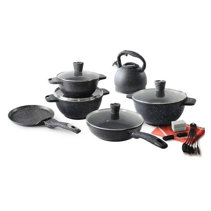 Die Cast Cookware Set 21Pcs Cooking Pots Non-Stick Marble Cookware Set Soup & Stock Pots With Glass Lid- Black