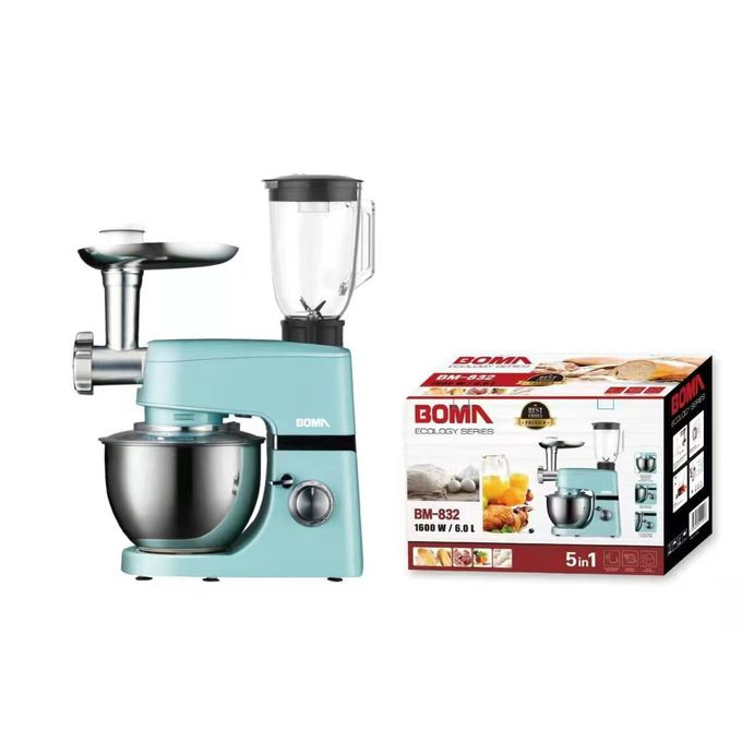 6Litre 5 IN 1 Stand Mixer 16000W Tilt-Head Multifunctional Electric Mixer with Stainless Steel Bowl, Beater, Hook, Whisk, Meat Grinder, Juice Blender with Glass Jar Dishwasher Safe - Multicolor Boma