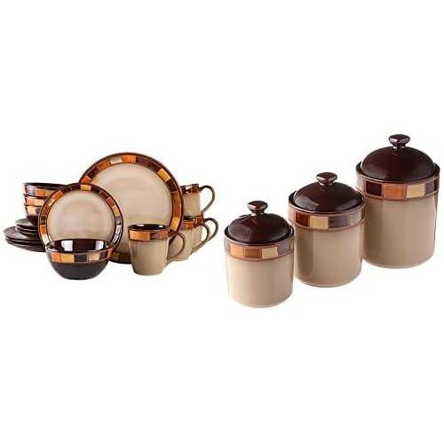 16-piece Plates Cups Bowls Sideplate Dinnerware Set Service For 4 And 3 Kitchen Canister Storage Jars- Brown