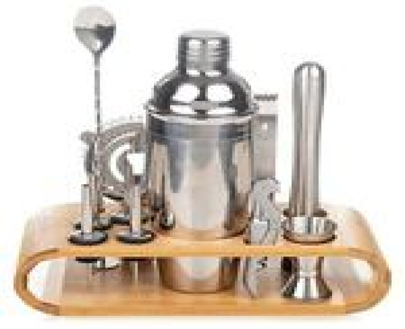 12-Piece Martini Cocktail Shaker 750ML In Stainless Steel And Bamboo Support Set- Silver.