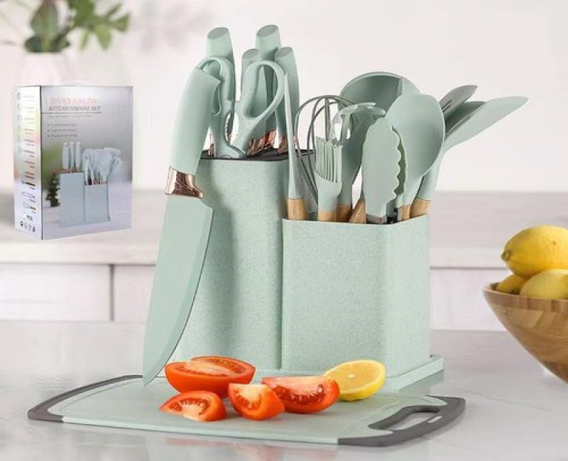 Kitchen Cooking Utensils & Knife Set with Block, Holder & Cutting Board Premium Silicone Utensils Stainless Steel Coated Knives 19 Piece Set