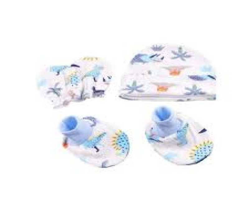 Baby Cotton Cap,Mitten & Booties Set - Blue Multiple Designs