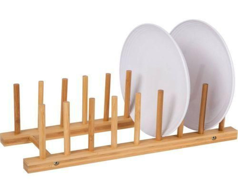 Multi-Purpose Bamboo Plate Holder and Pot Lid Organizer Storage Rack -Brown.