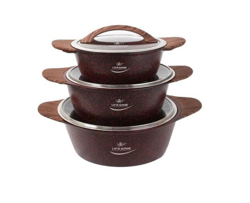 Granite Induction Cookware Set, 20-24-28 cm, Aluminium, 3 High Pots Saucepans, Glass Lid, Eco-Friendly, Non-Stick Coating, PFOA-Free, Wooden Handles, Glass Ceramic, Gas- Multicolor Life Smile