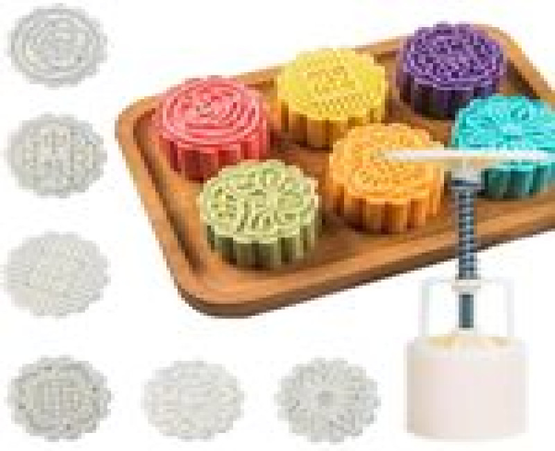 Moon Cake Mold 6 PCS, Mid Autumn Festival DIY Hand Press Cookie Stamps Pastry Tool Moon Cake Maker, Flower Mode Patterns 1 Mold 6 Stamps 50g (White).