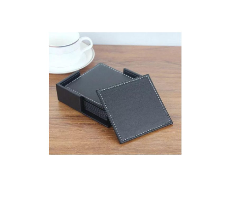 7 Piece Leather Drink Coasters Square Cup Mat Pad for Home And Kitchen - Black
