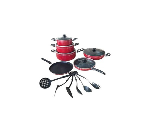 17 Pieces Non Stick Saucepans Cookware Pots With Cutlery And Frying Pan -Red
