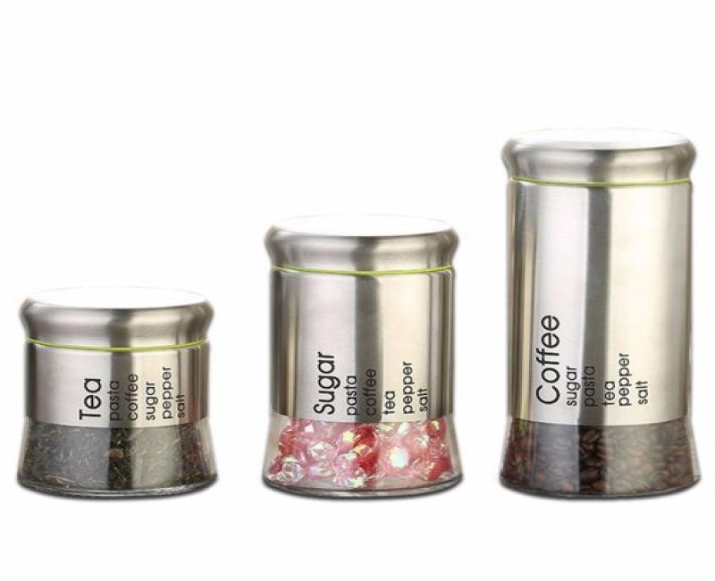 3 Piece Sugar Bowl Food Storage Tin Jar Canister Set - Color may vary.