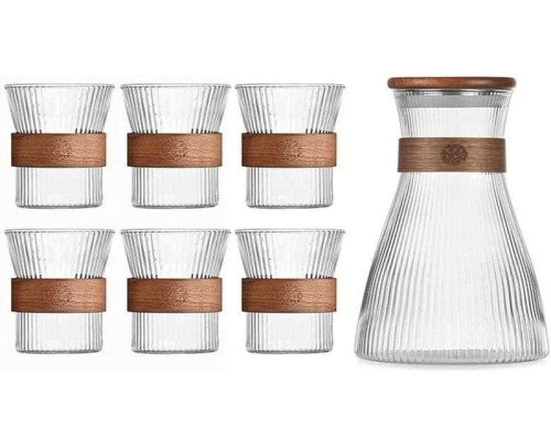 Ribbed Glass Pitcher Set with 6 Cups, Elegant Juice Milk Cold Carafe Cold Water Jug with Wooden Ring, 1 Glass Jug with Lid, 6 Cups, Thick Base, Leakproof For Refrigerator - Multicolor