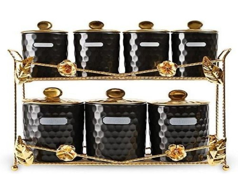 7Piece Porcelain Food Storage Canister Organizer Set With Gold Metal Stand -Black Life Smile
