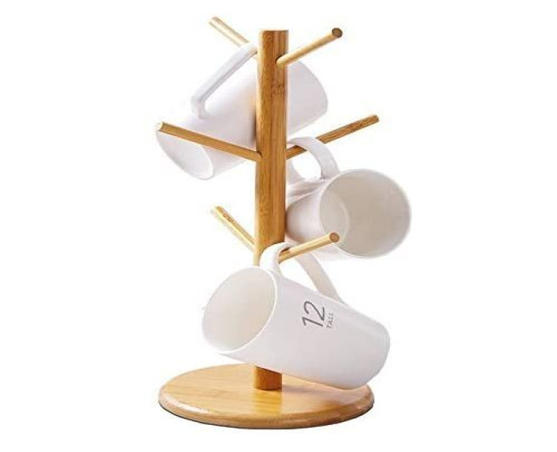 Bamboo Tree Mug Stand Coffee Cup Holder Rack Dryer with 6 Hooks -Brown.