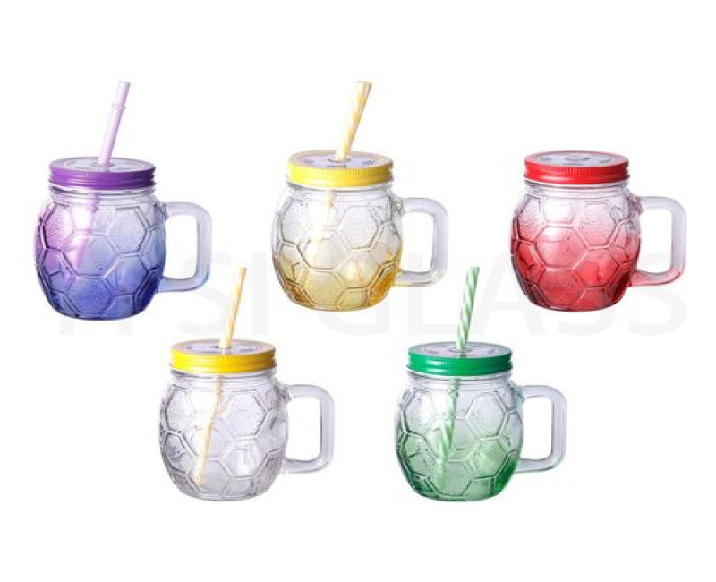 New Design Colored Spraying 500ml 16oz Football Shape Glass Mason Jar Drinking Glass Cup With Tin Lid And Straw