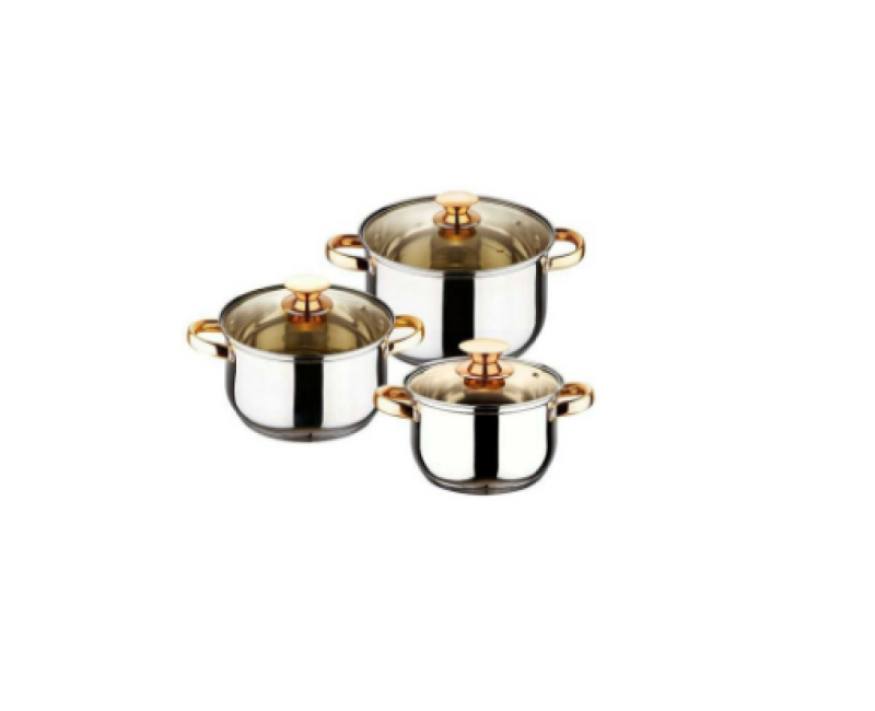 6 Pc Gold handles Stainless Steel Saucepans Cookware Pots- Silver
