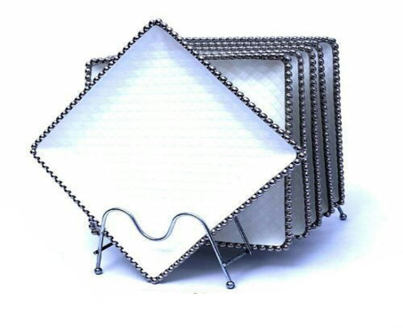 6 Pieces of Squre Silver Beaded Dinner Plates - White