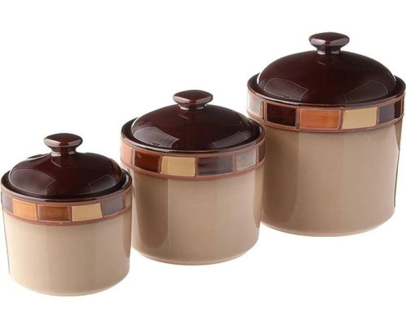 3 Piece Tile Elite by Gibson Kitchen Canister Storage Jar With Lid Two Tone Brown