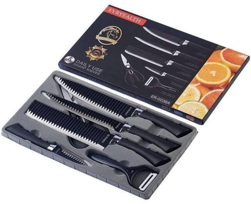 6 pcs Kitchen Knives Set Stainless Steel Sharp Professional Nonstick Chef Knives Peeler Slicer Paring Cleaver Vegetable Cutter Scissors Gift Set- Black