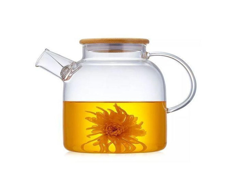 1800ml Glass Teapot Kettle With Whistle Infuser & Bamboo Lid- Clear.