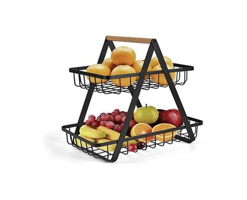 2-Tier Countertop Fruit Basket Bowl Bread Basket Vegetable Holder Kitchen Storage, Black