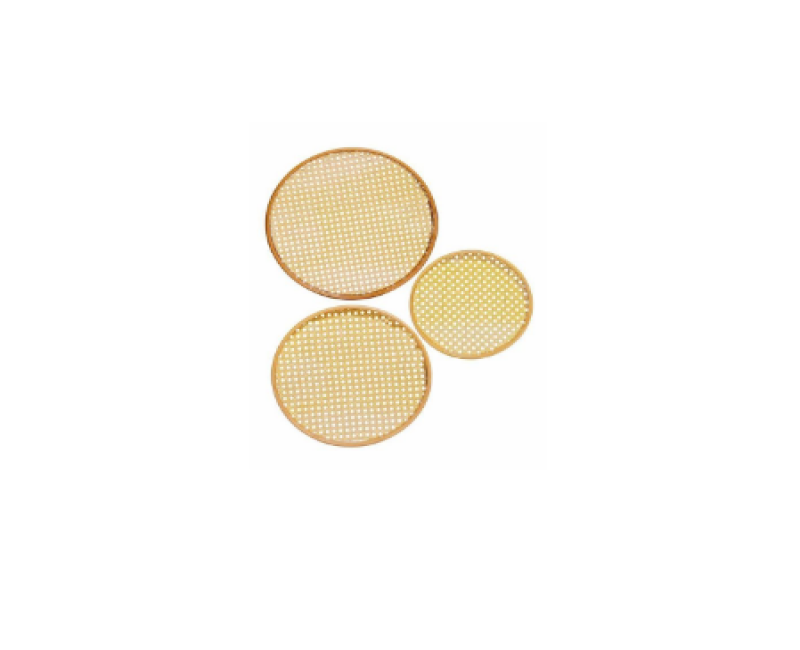 Bamboo Weaving Sieve Wooden Round Serving Tray Set of 3pcs Decoration Platter- Cream