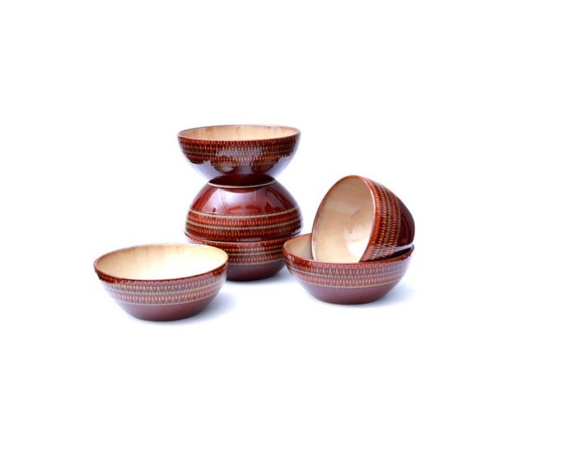 6 Pieces Of Food Cereal Soup Bowls Dishes - Brown