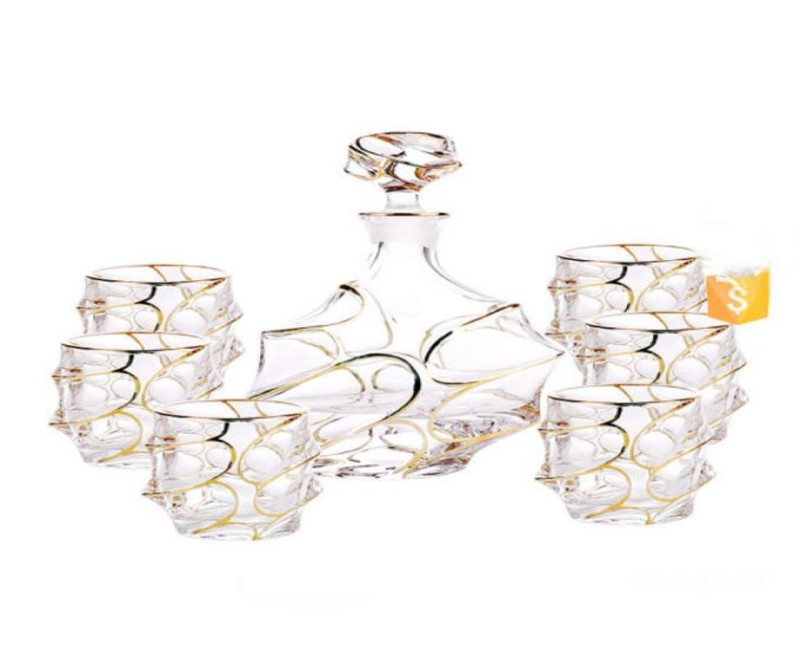7PCS Wine Bottle Liquor Dispenser Whisky Engraved Decanter Set Glass wine set glass With Cup set With gold Rim