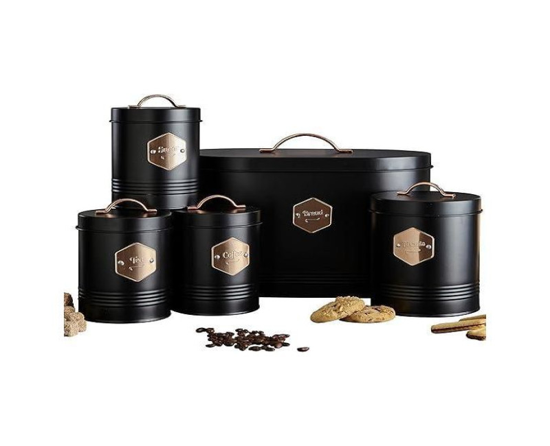 5 Kitchen Countertop Canisters Jars Tins Set Tea Coffee Sugar Biscuit Bread Bin Box Food Storage Organizer