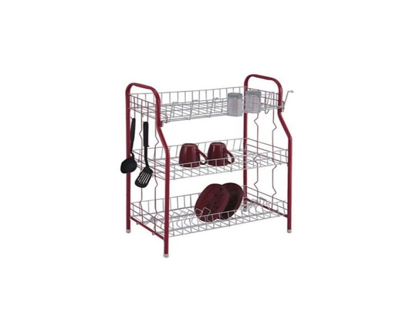 3 Tier Stainless Steel Dish Drainer Storage Rack, Red