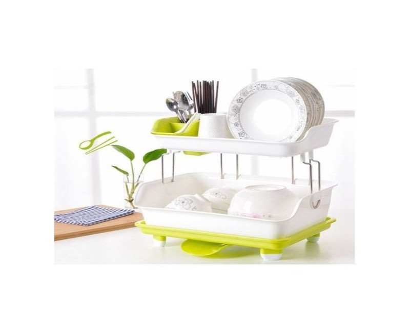 2 Layer Plastic Dish Drying Draining Rack Storage Tray- Green