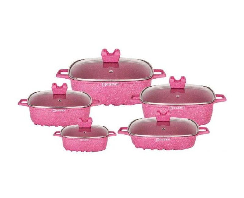 10 Pieces Square Granite Non-Stick Serving Dishes Saucepans Cookware - Pink . Dissini Regina