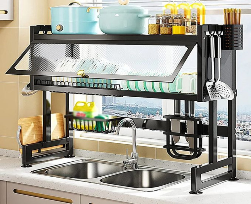 Over The Sink Dish Drying Rack Dish Drainer For Storage Kitchen Counter Organization Display - Black.