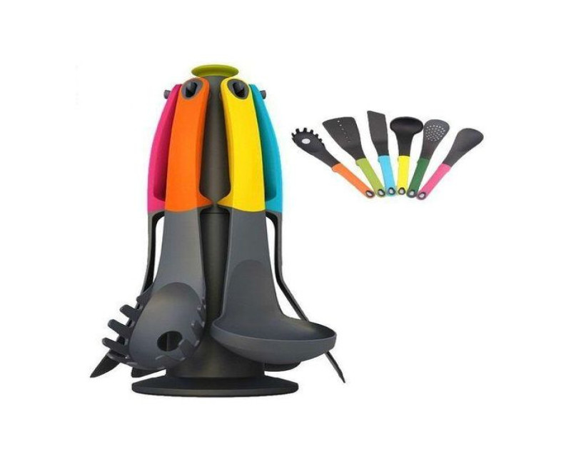 7 Piece Non Stick Kitchen Tool Silicon Cooking Utensils Serving Spoons laddle Set With Holder Stand- Black.