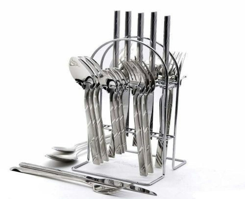 24 Pcs Self Design Dinner Cutlery (Forks,Spoons& Knieves) With A Stand - Silver