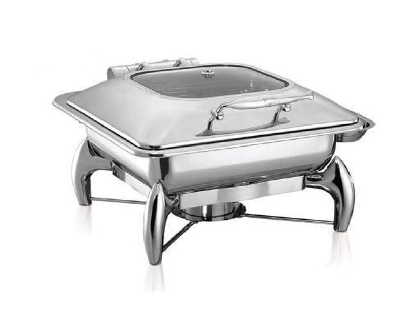 Stainless Steel Buffet Food Warmer Glass Lid Square Chafing Dish- Silver