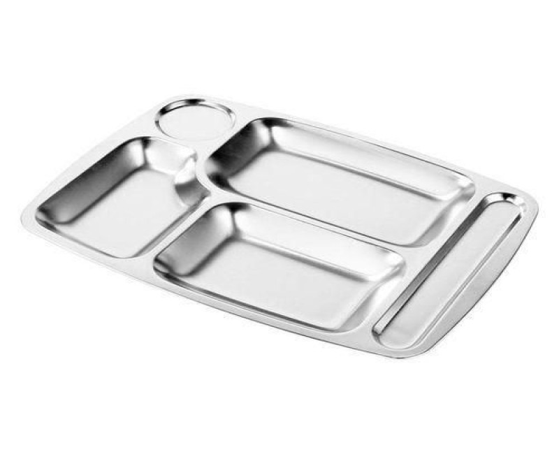 Stainless Steel Rectangle 5 In1 Component Dinner Plate Tray For Lunch - Silver.