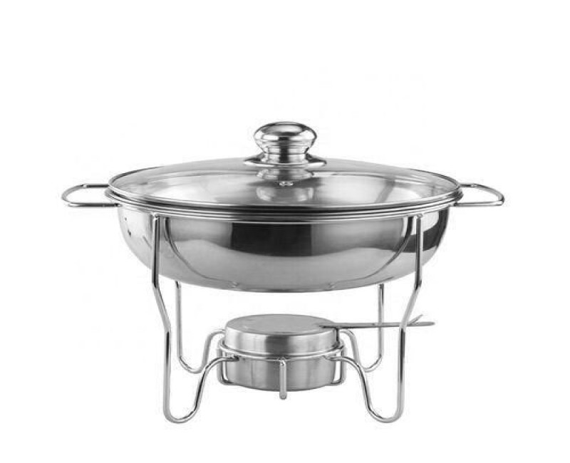 4L Stainless Steel Small Round Chafing Dish Food Warmer Hot Pot Outdoor Camping Alcohol Stove- Silver.