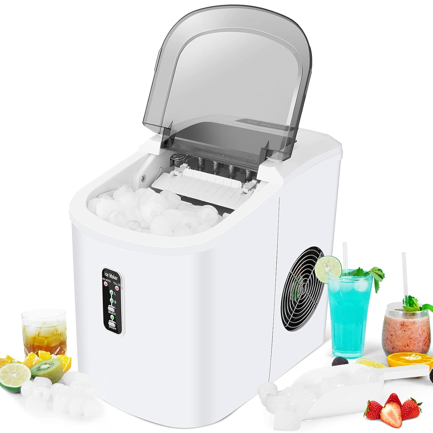Ice Maker Machine for Countertop, Summer Chill on Ice, 9 ice Cubes in 6-8 Minutes, 26 Pounds in 24 Hours, Portable Electric Ice Cube Makers Counter Top Decent Snowy White with Scoop and Basket