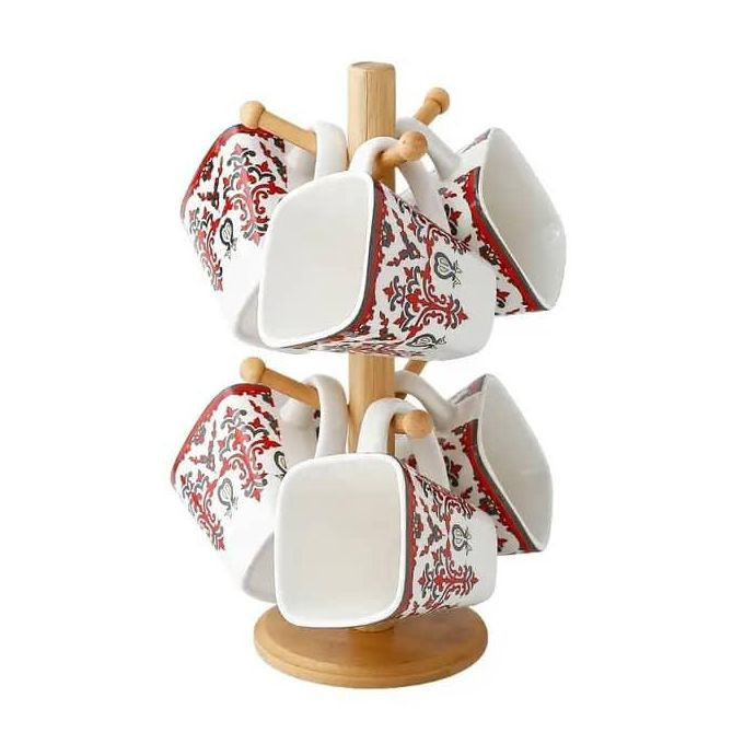 6 White Flowered Mugs Cups With Bamboo Stand Tree Holder With Thicker Base For Counter